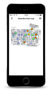 Attendee heat map screen on Confex 2017 event app shown on iPhone