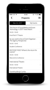 List of programs on Confex 2017 event app shown on iPhone