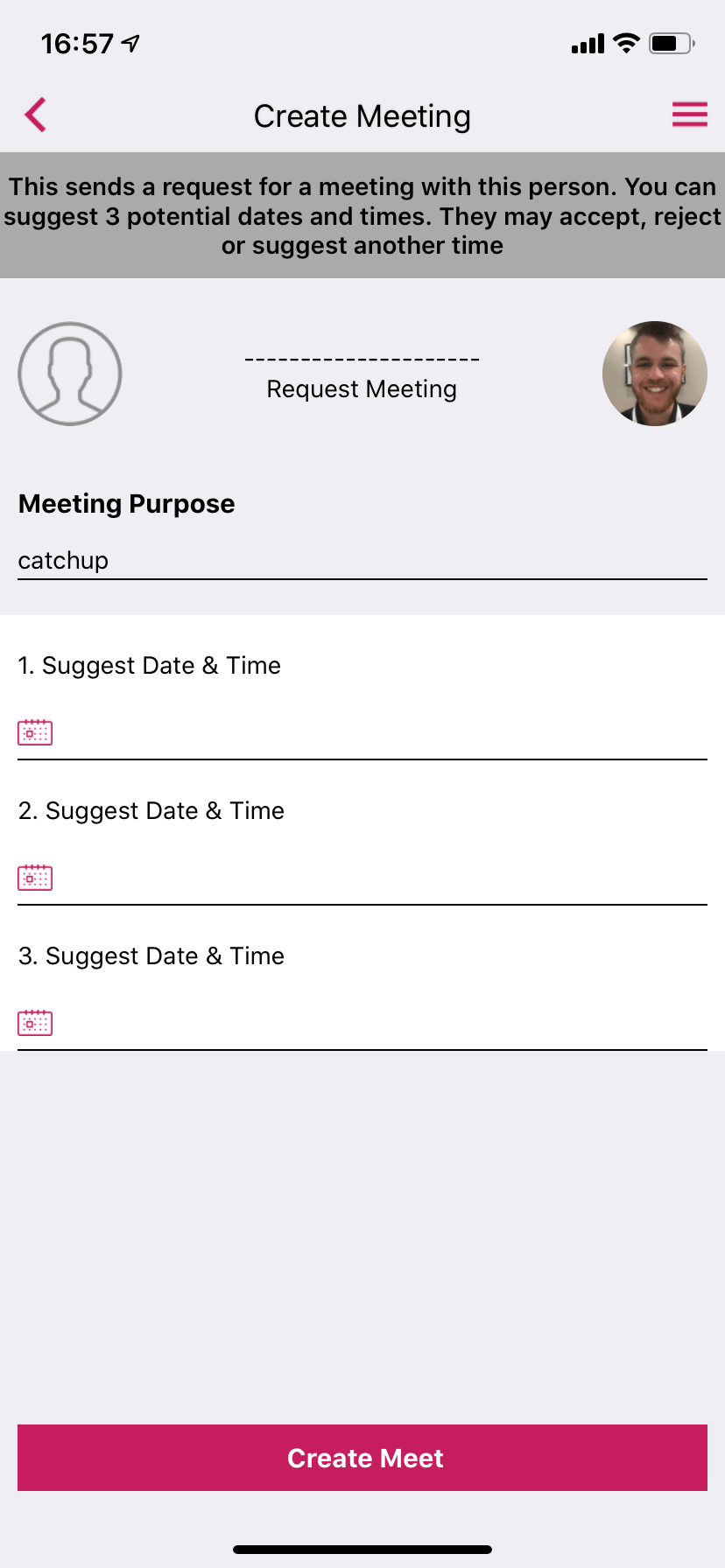 Meetings screen in an event app created with Event Builder by VenuIQ