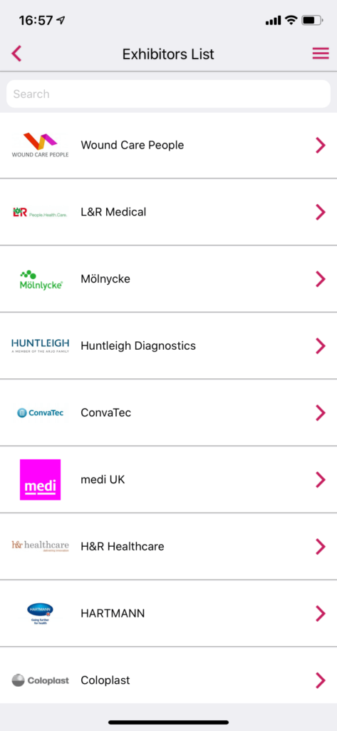 Exhibitors list of the Wound Care event app created with Event Builder by VenuIQ