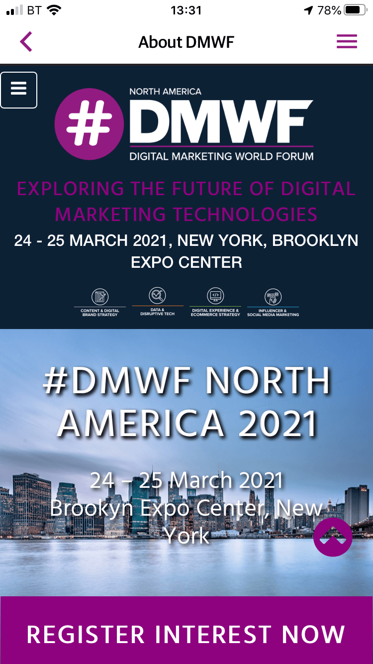 About us page of the DMWF event app created with Event Builder by VenuIQ