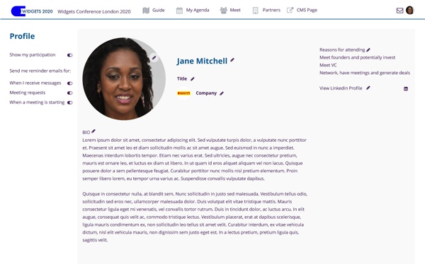 Profile page of Speaker in desktop version of an event created with Event Builder by VenuIQ