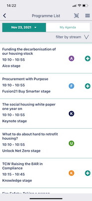 Programme list in an event app created with Event Builder by VenuIQ