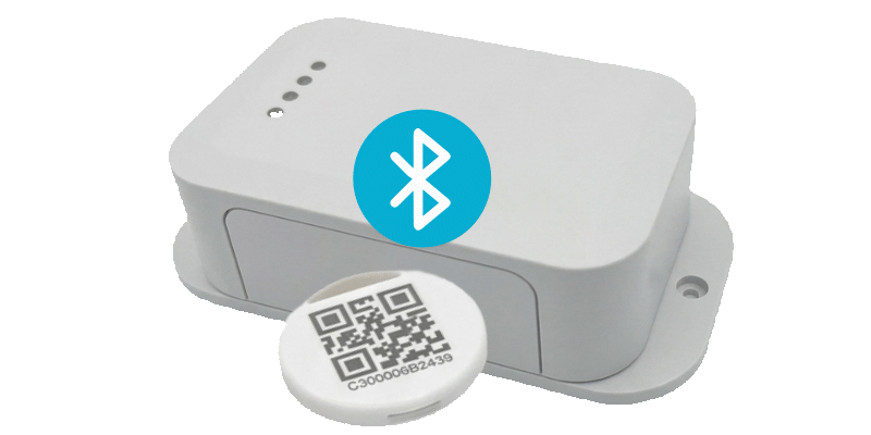 Bluetooth location monitory technology from VenuIQ - gateway and beacon together on a blank background